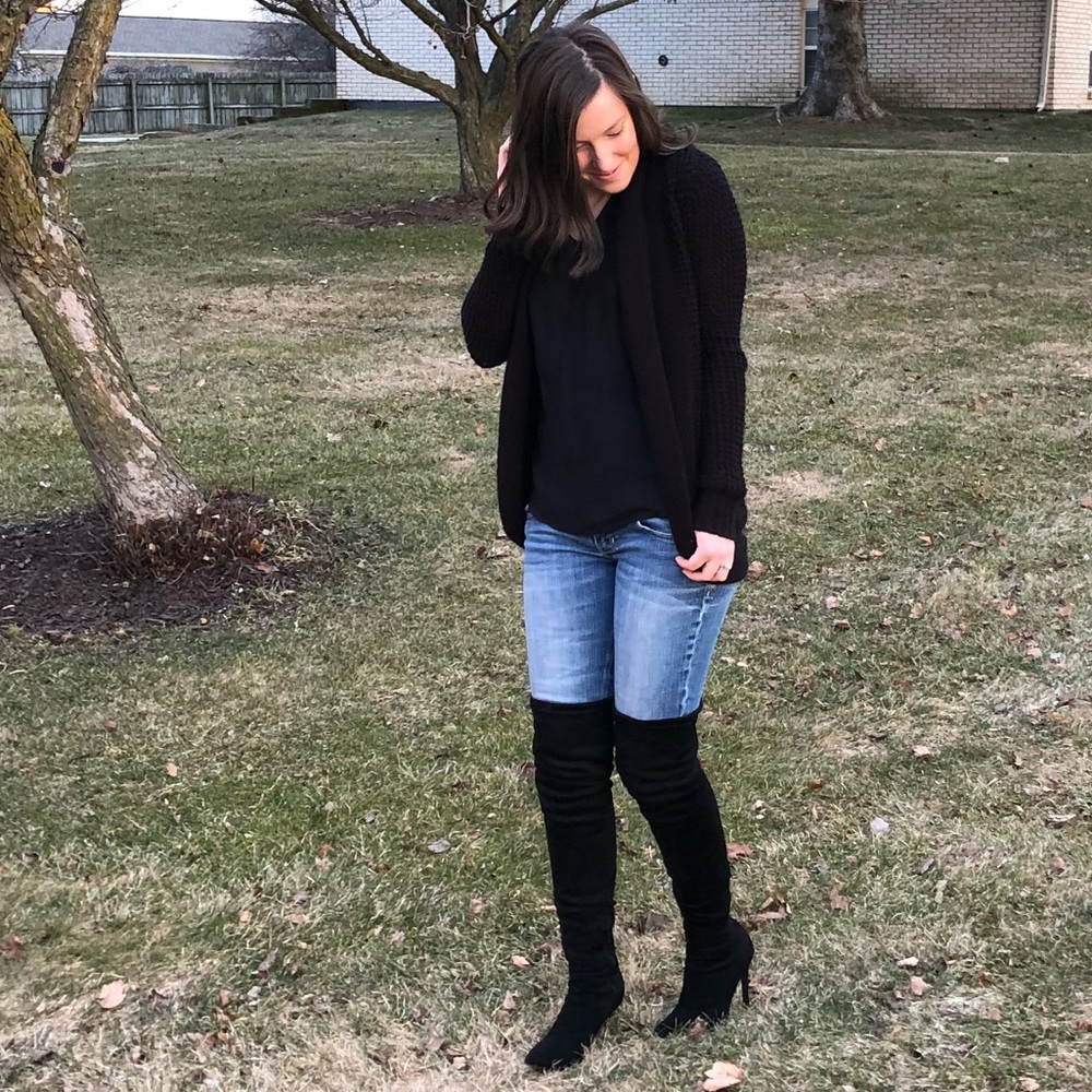 Over The Knee Black Sued Heeled Boots